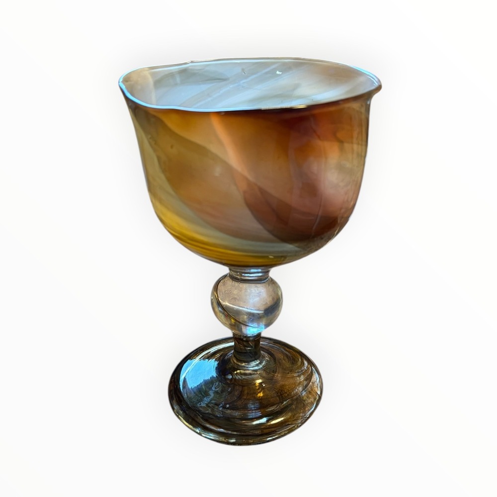 Holmegaard Cascade 7.5in Goblet Per Lutken Signed Danish Art Glass Amber Swirl